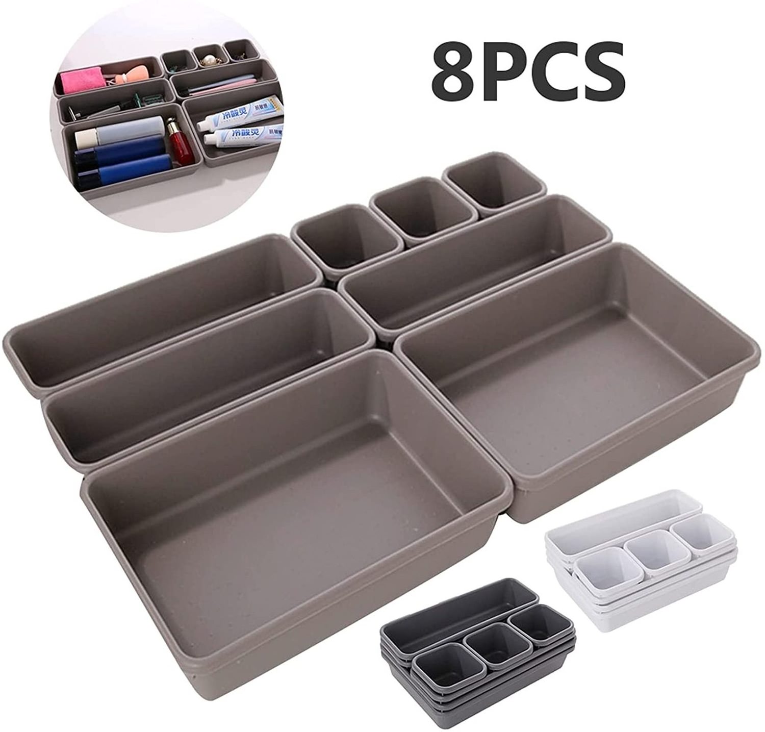 Hot-selling 8pcs Office Interlocking Drawer Organizer Tray Divider Storage Bins Plastic Narrow Drawer Organizer Separator