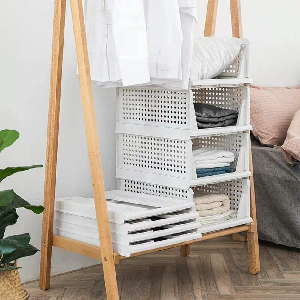 Amazon Hot Selling Foldable Clothes Shelf Baskets Stackable Wardrobe Storage Box Plastic Closet Basket Shelf Storage Bins