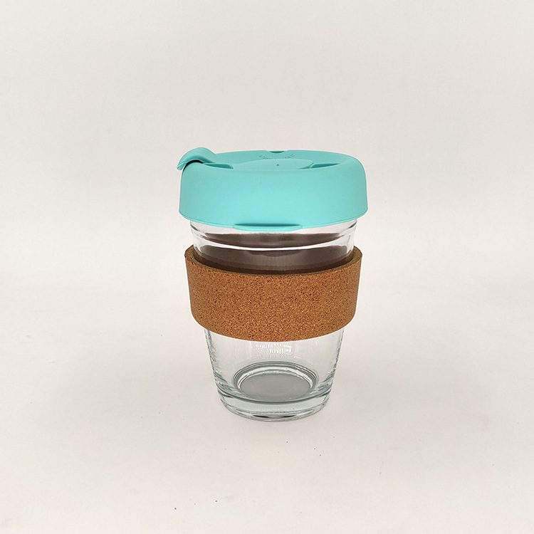 Popular Hot Selling 12 oz Glass Reusable Coffee Cup High Quality Heat Resistance Cork Sleeve  Glass Coffee Cup with Silicone Lid