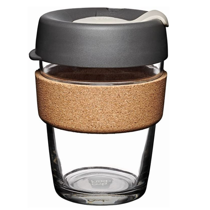 Popular Hot Selling 12 oz Glass Reusable Coffee Cup High Quality Heat Resistance Cork Sleeve  Glass Coffee Cup with Silicone Lid