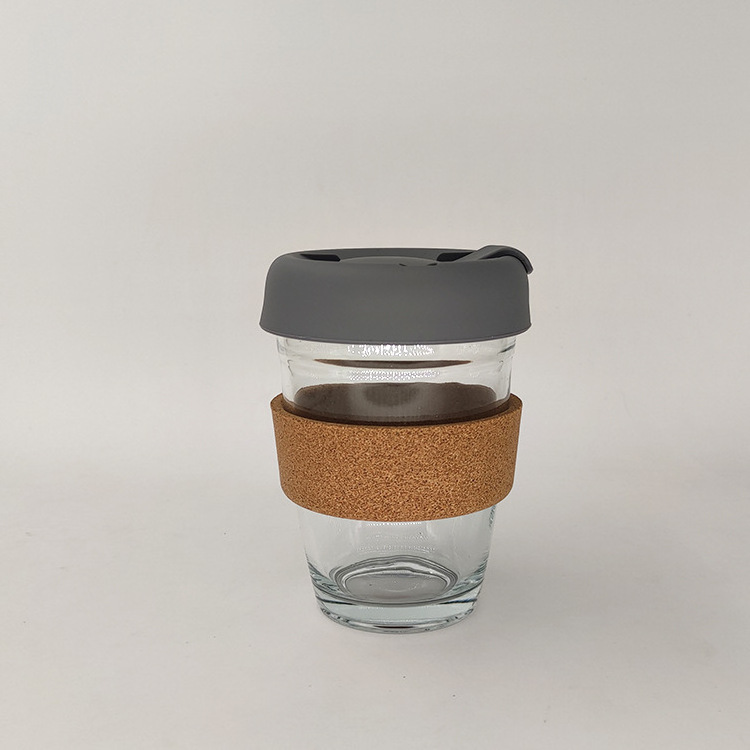 Popular Hot Selling 12 oz Glass Reusable Coffee Cup High Quality Heat Resistance Cork Sleeve  Glass Coffee Cup with Silicone Lid