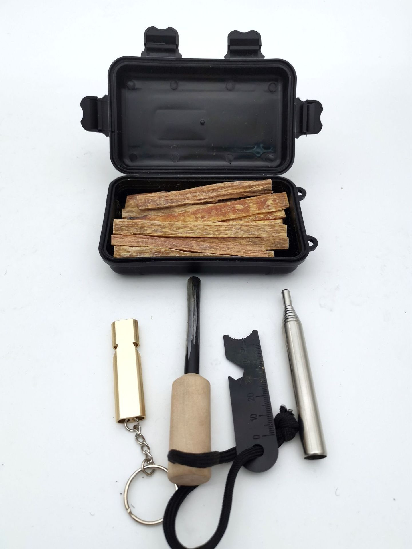 Bushcraft Campfire Fatwood Pocket Fire Lighting Kit with Pocket Bellow Ferro rod Waxed Wick