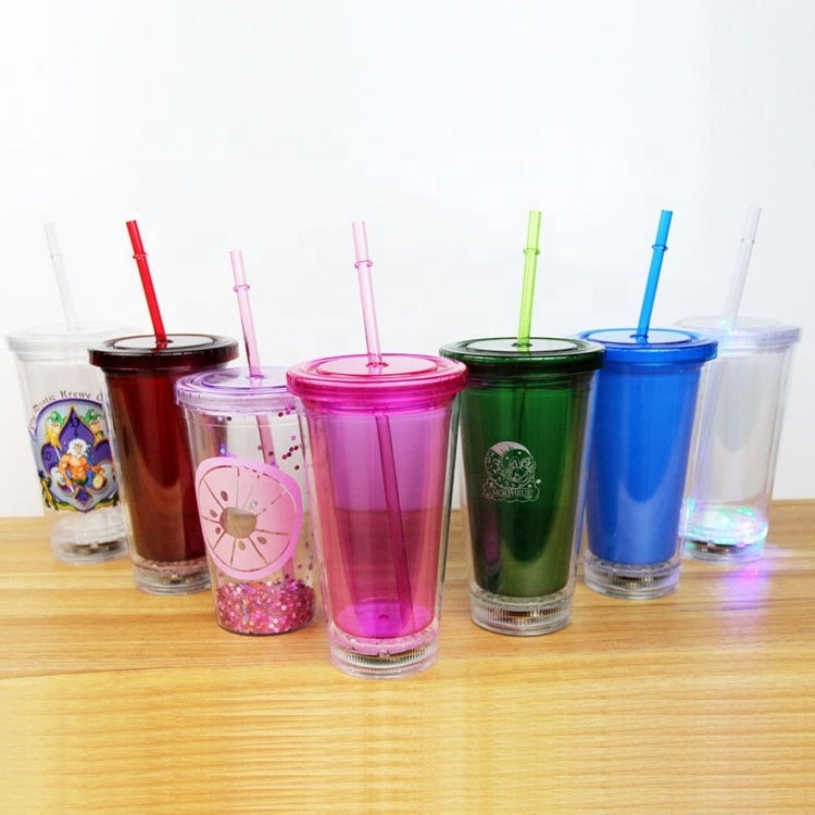 Personalized 16oz led light up drinking plastic double wall tumbler with straw