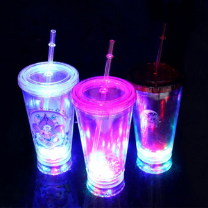 Personalized 16oz led light up drinking plastic double wall tumbler with straw