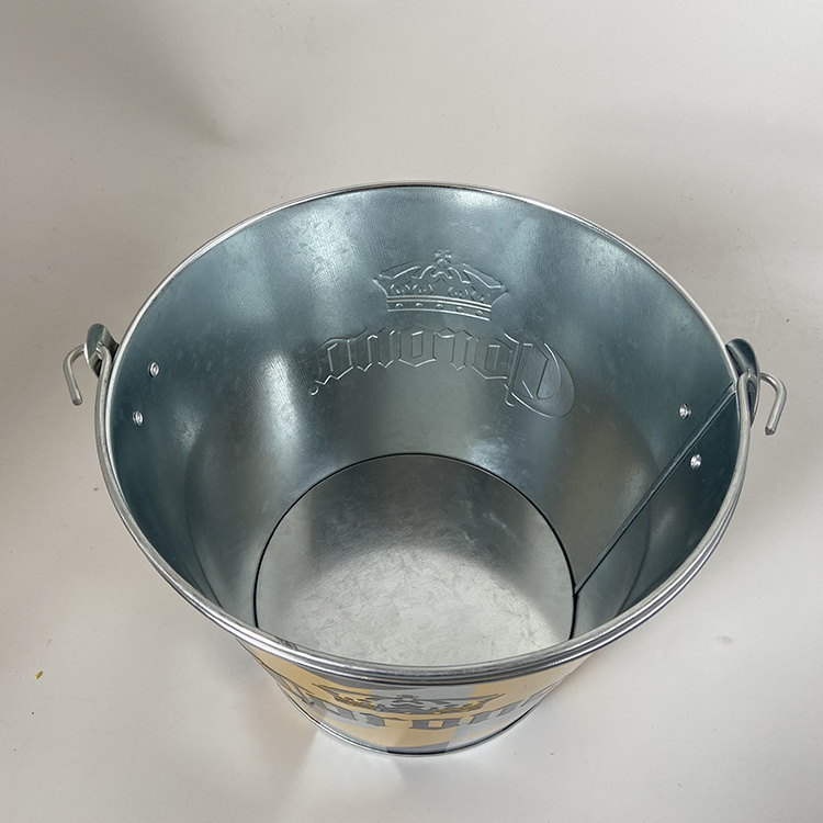 New Arrival Custom Logo Quality 5L Round Galvanized Metal Tin Ice Bucket Metallic Iced Buckets With Bottle Opener