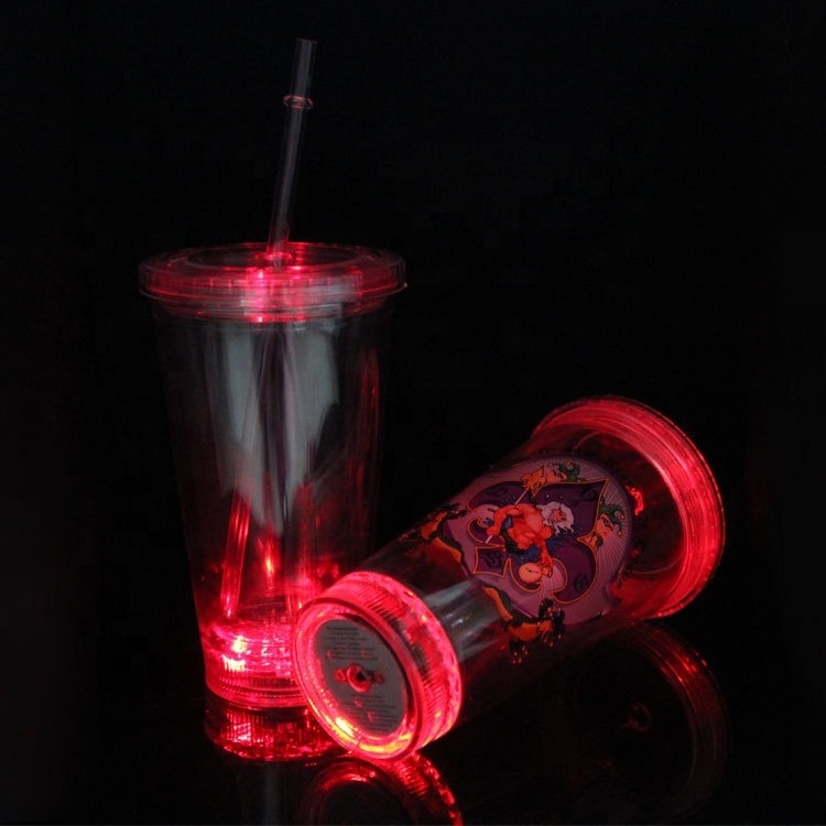 Personalized 16oz led light up drinking plastic double wall tumbler with straw