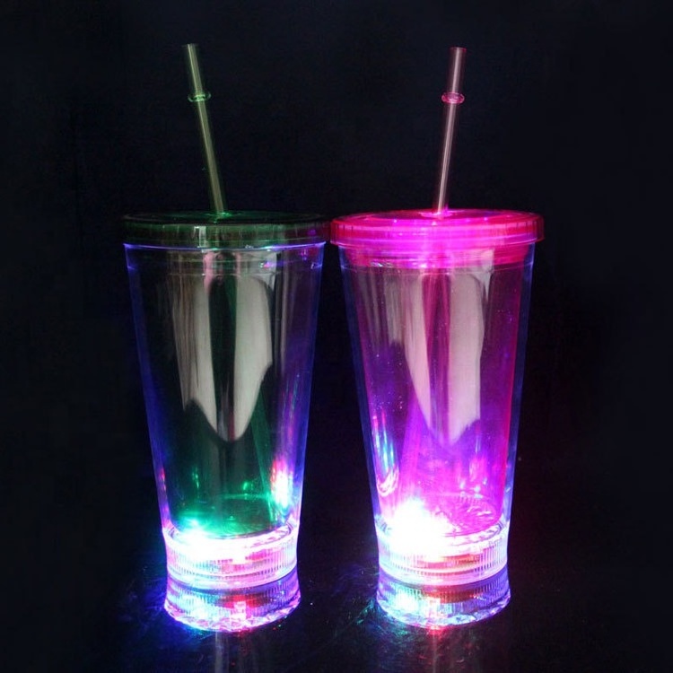 Personalized 16oz led light up drinking plastic double wall tumbler with straw