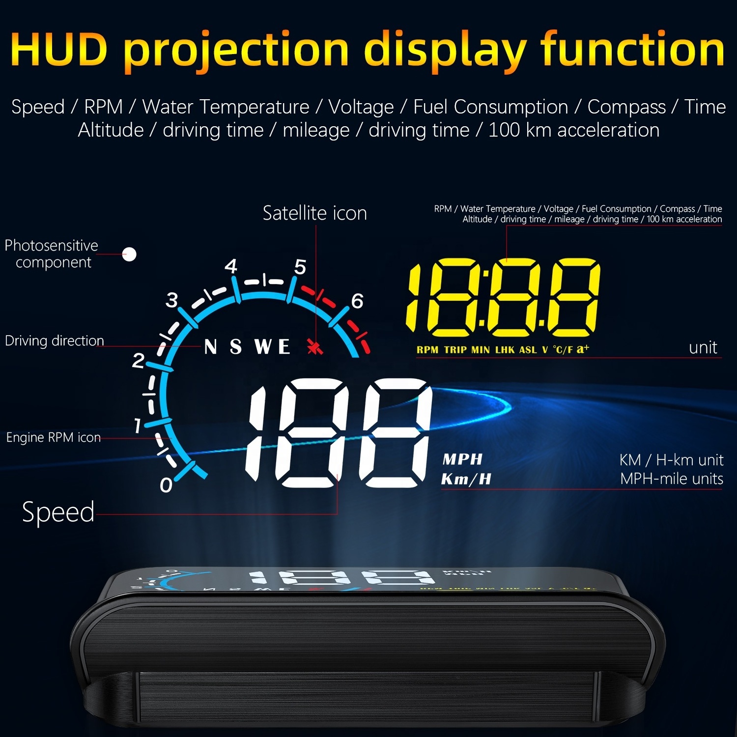 Car Electronic M12 OBD2 Head Up Display Easy plug OBD2 GPS universal car speed limiter in mirror