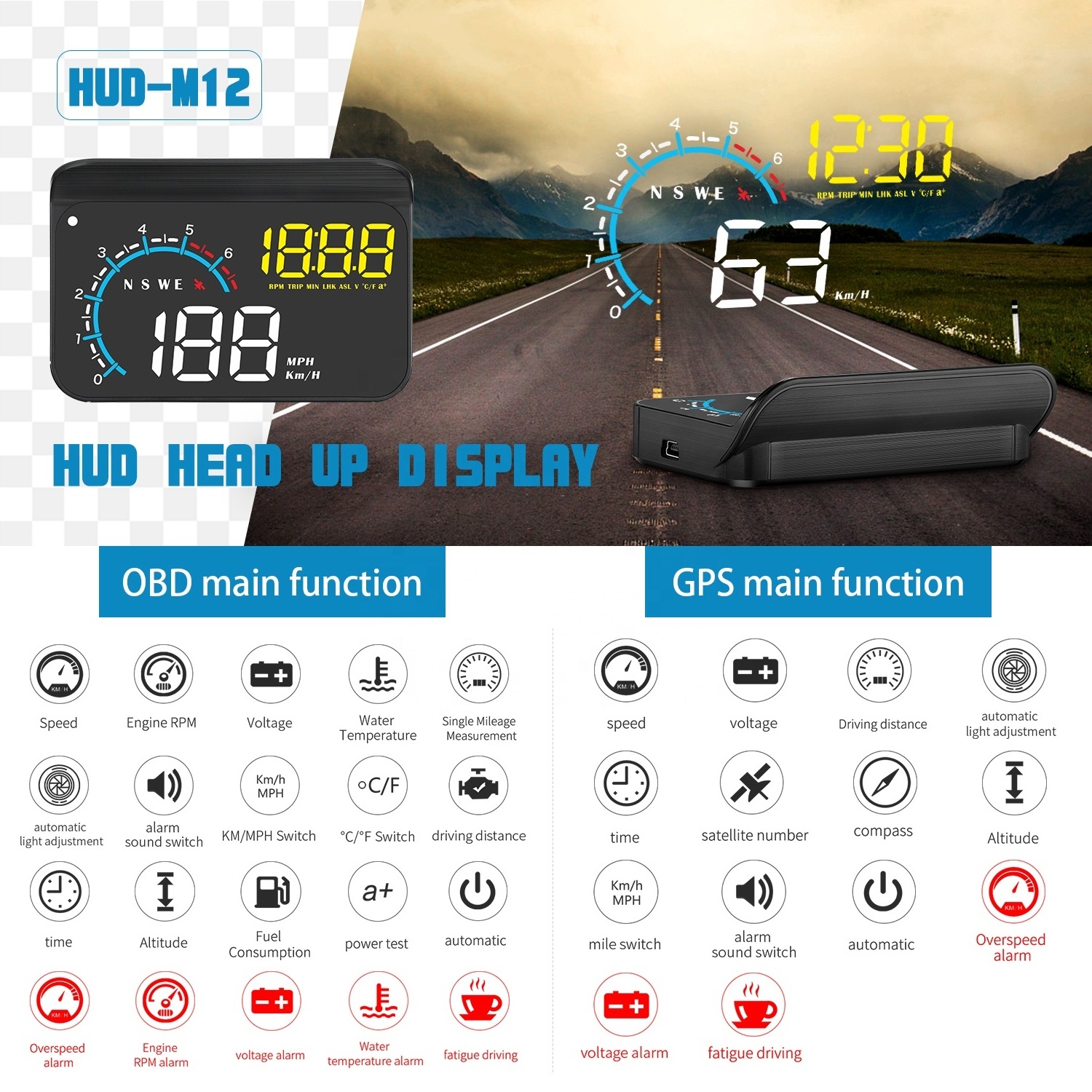 Car Electronic M12 OBD2 Head Up Display Easy plug OBD2 GPS universal car speed limiter in mirror