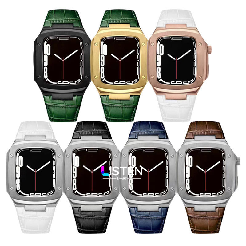 Listen Modified Integrated Watch Strap Stainless Steel Case + leather Band For Apple Watch 44mm 45mm 41mm