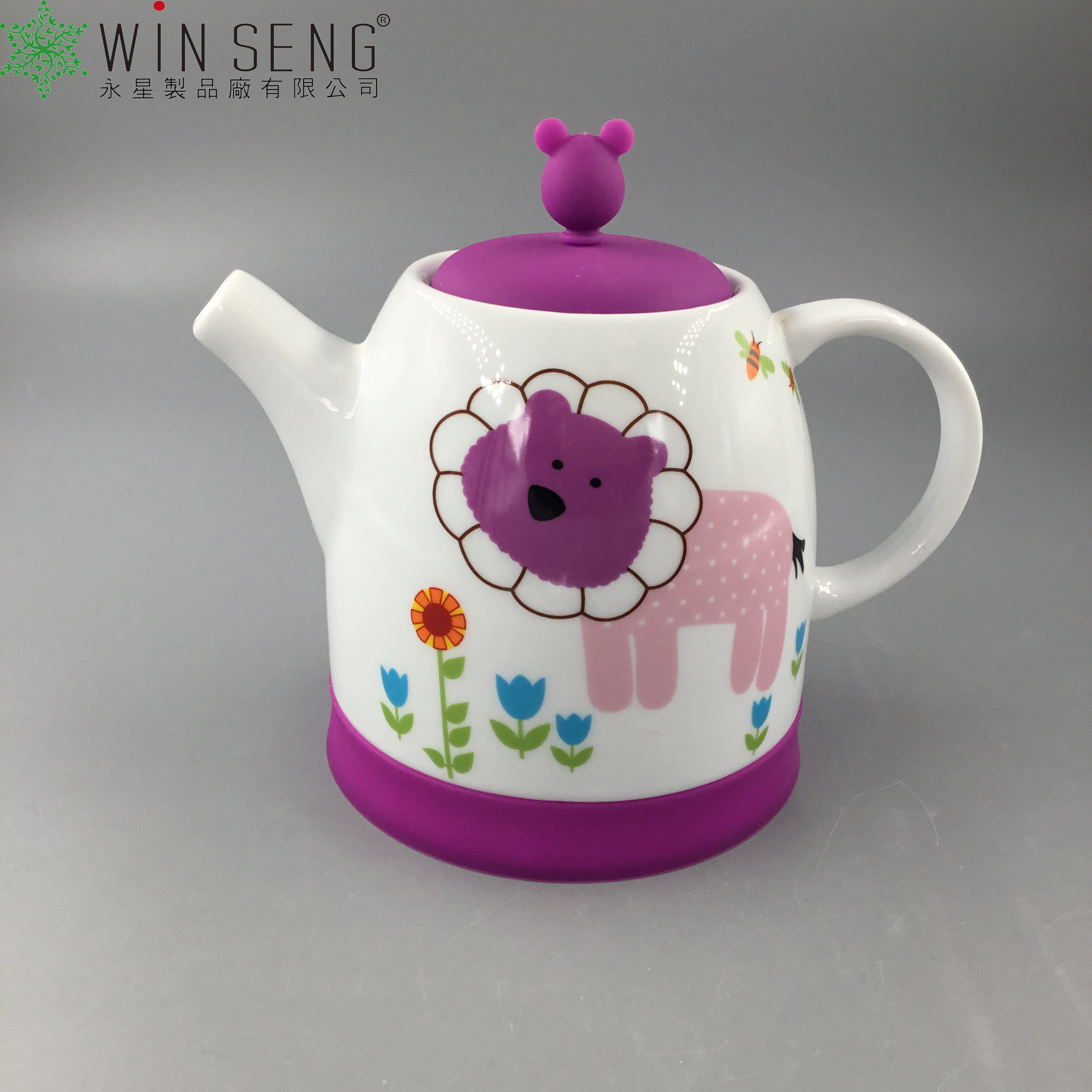 Ceramic teapot with Silicone lid, Cute Animal pattern, China Teapot for Afternoon Tea or Coffee, Purple