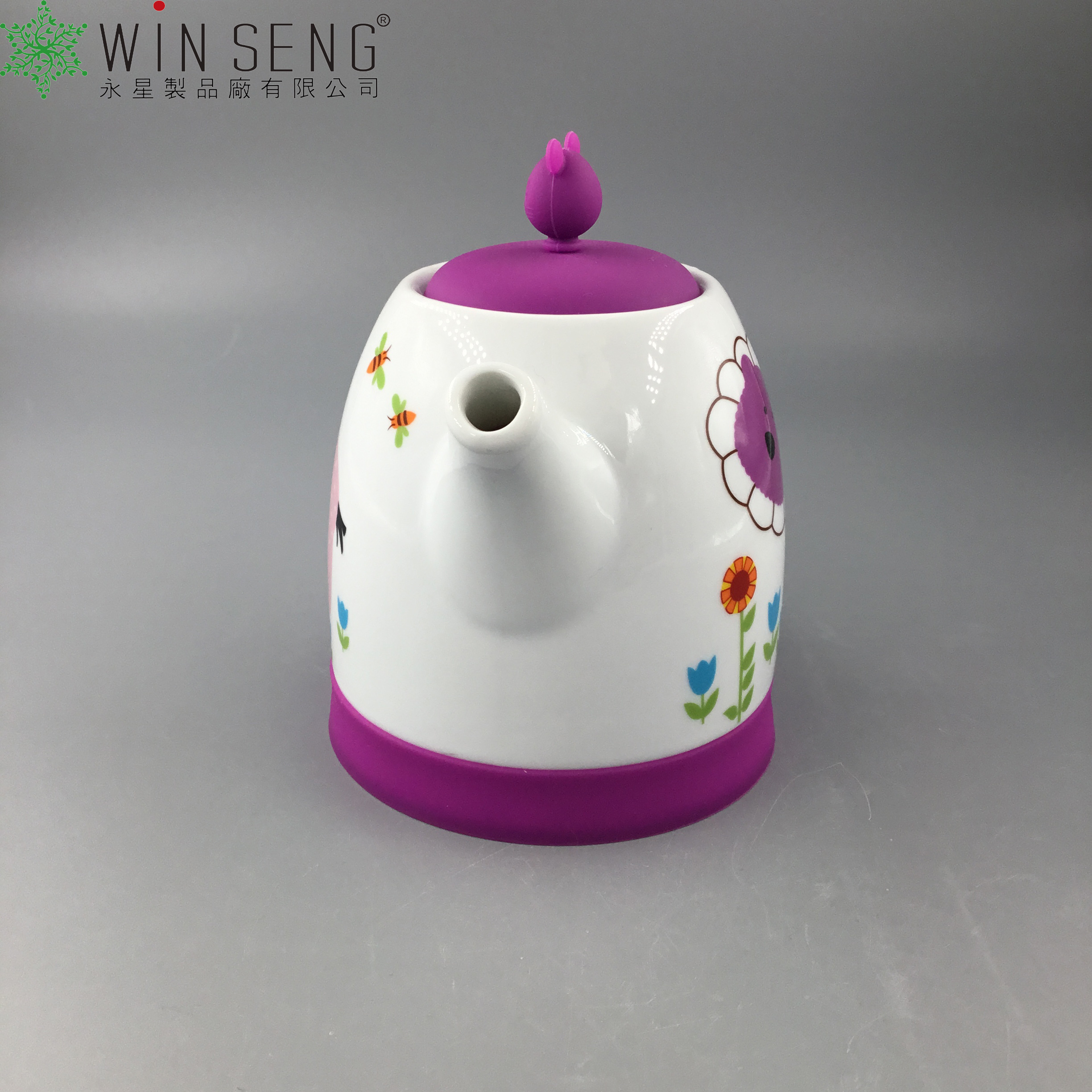 Ceramic teapot with Silicone lid, Cute Animal pattern, China Teapot for Afternoon Tea or Coffee, Purple