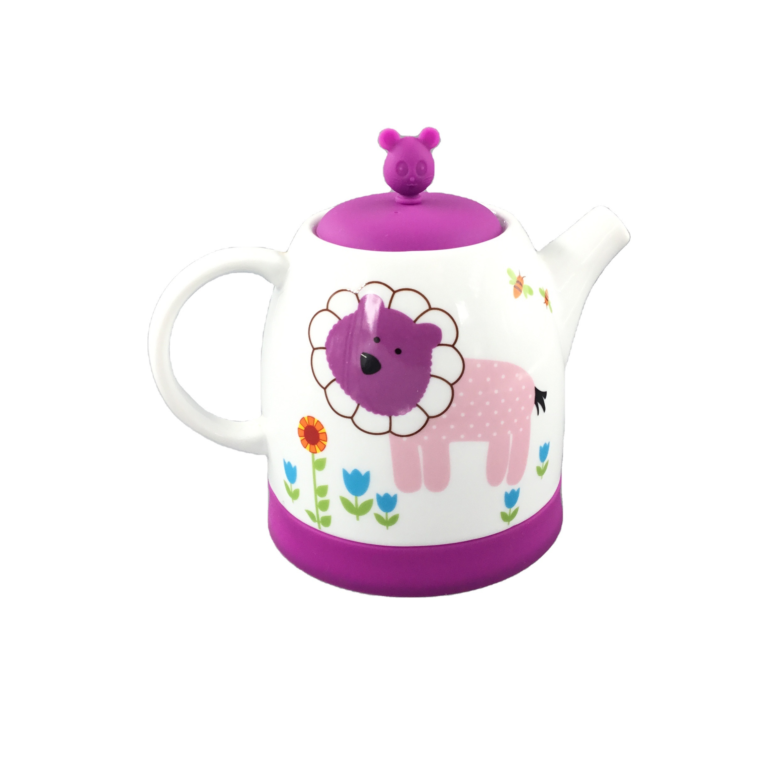 Ceramic teapot with Silicone lid, Cute Animal pattern, China Teapot for Afternoon Tea or Coffee, Purple