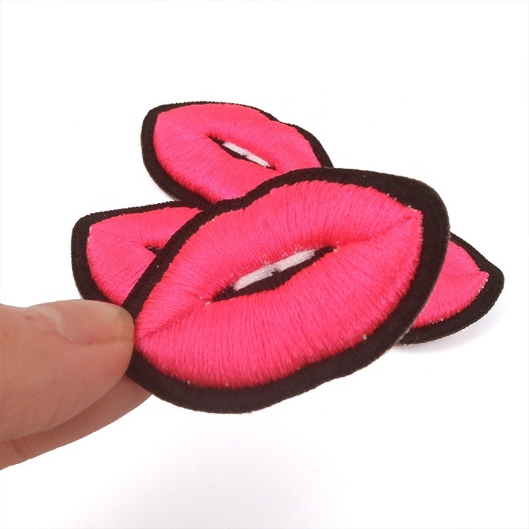 Abnormal Shape Customized Embossed Sexy Lips Logo Small 3D Foam Digital machinery embroidered Cloth patch for Skirts