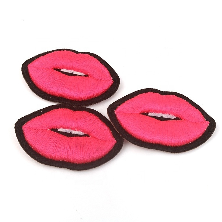 Abnormal Shape Customized Embossed Sexy Lips Logo Small 3D Foam Digital machinery embroidered Cloth patch for Skirts