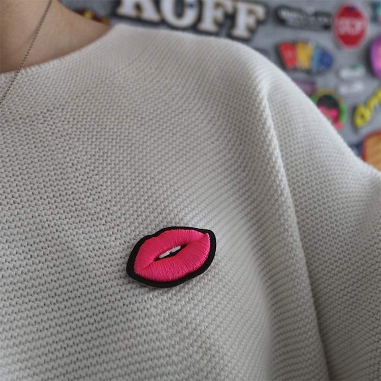 Abnormal Shape Customized Embossed Sexy Lips Logo Small 3D Foam Digital machinery embroidered Cloth patch for Skirts