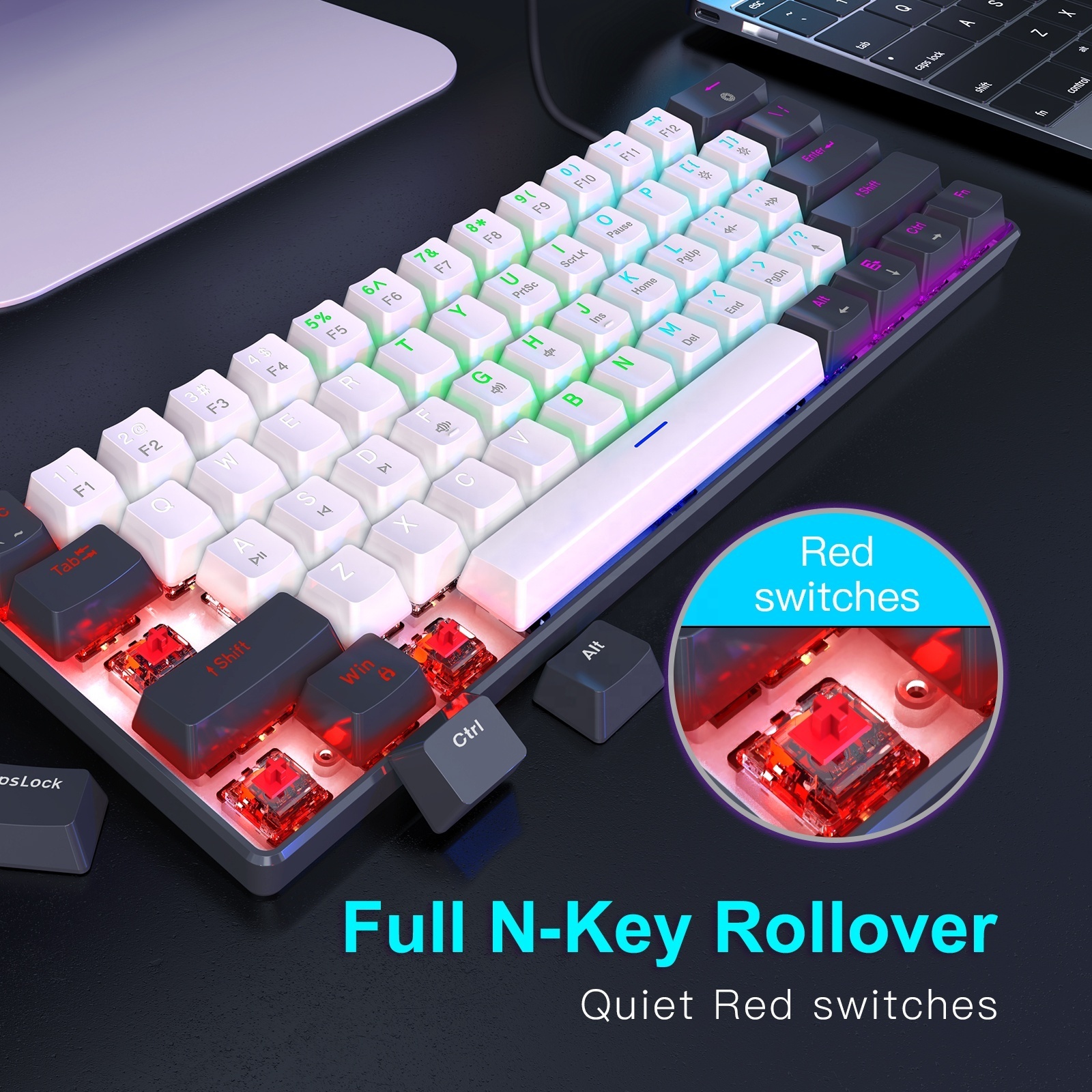 Portable 60 Percent Keyboard Switchable Colorful Backlit Outenu Red Switch Compact 61 Keys Mini Mechanical Keyboard for PC Mac