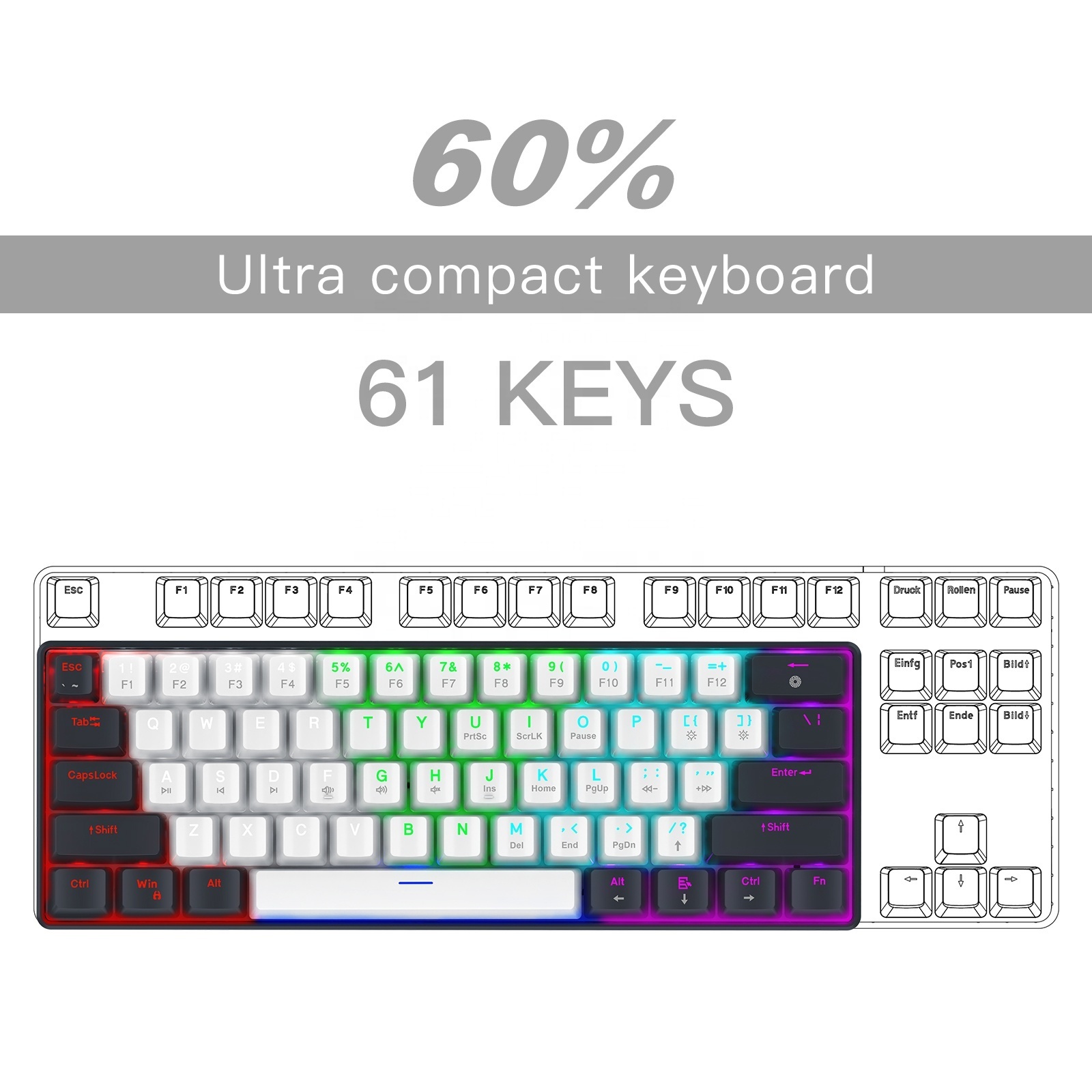 Portable 60 Percent Keyboard Switchable Colorful Backlit Outenu Red Switch Compact 61 Keys Mini Mechanical Keyboard for PC Mac