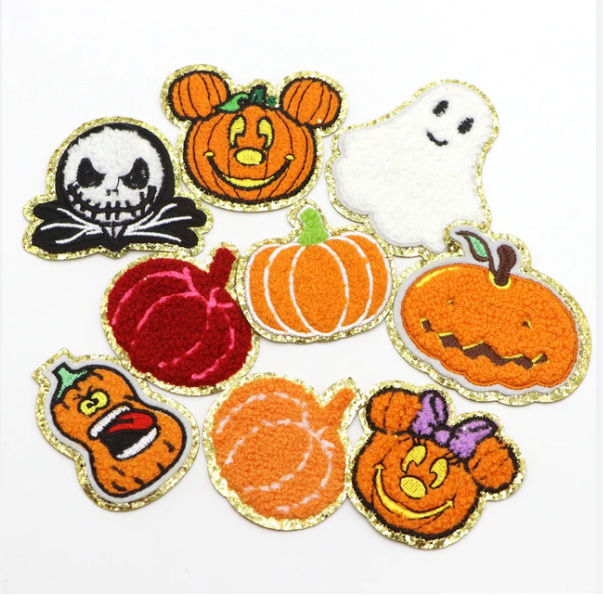 Halloween chenille patch Custom Clothing pumpkin halloween Glitter spooky chenille Adhesive iron on patches For Clothes hoodie