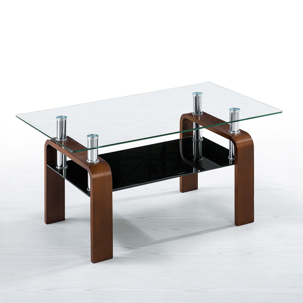 Modern 6mm Glass Top Center Coffee Table With Curved MDF Wood Legs for Living Room