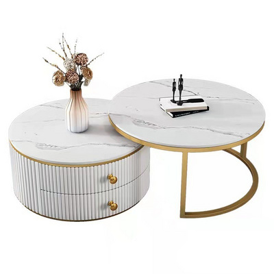 Wholesale Living Room Sintered Stone Metal Home Nesting Table Furniture Luxury Black Top Gold Round Marble Coffee Table