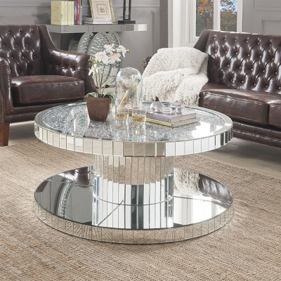 Living Room Mirrored Furniture Glass Top Hollow diamond crushed Center Coffee Table