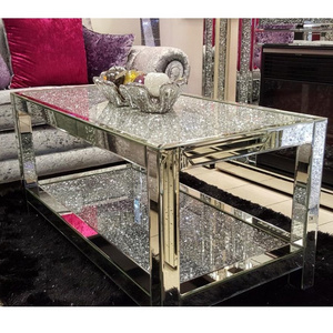 Living Room Mirrored Furniture Glass Top Hollow diamond crushed Center Coffee Table