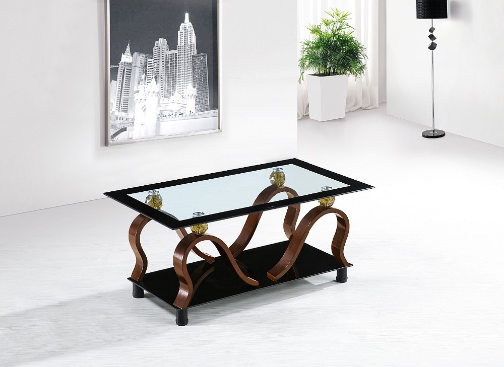 Modern 6mm Glass Top Center Coffee Table With Curved MDF Wood Legs for Living Room