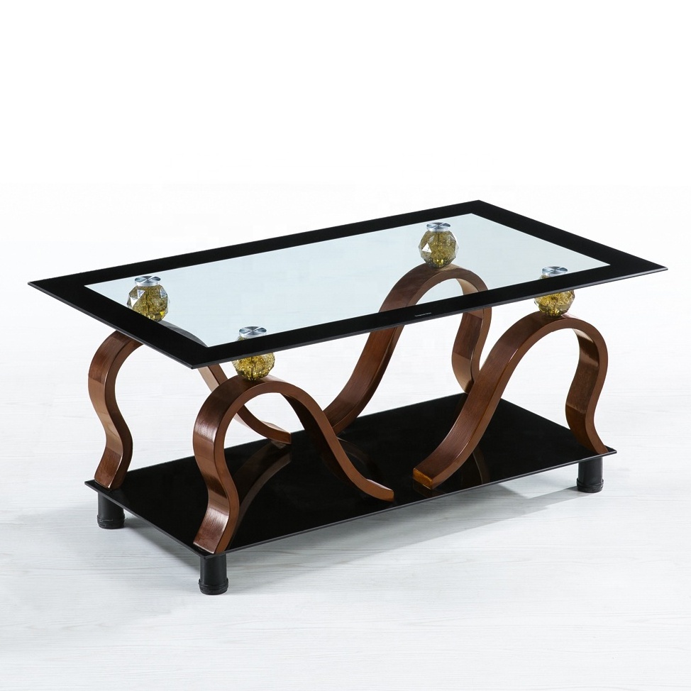 Modern 6mm Glass Top Center Coffee Table With Curved MDF Wood Legs for Living Room