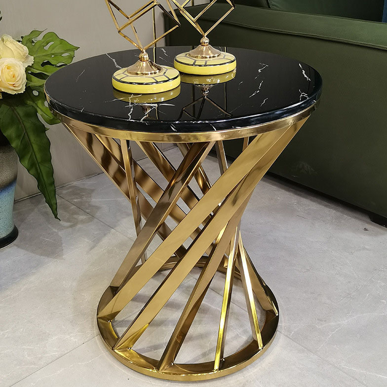 Modern Gold metal X-base round marble top coffee tables