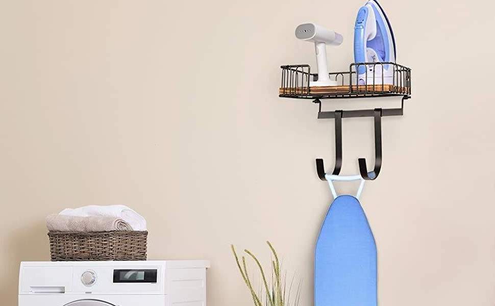 roning Board Hanger Wall Mount Ironing and Iron Board Wall Mount with Shelf Metal Iron Holder Wall Mount with Large Storage