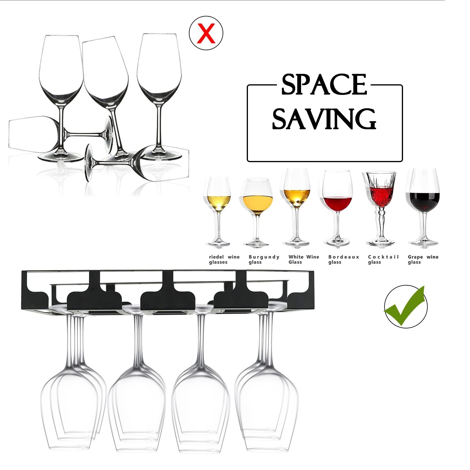 Wine Glass Rack - Under Cabinet Stemware Wine Glass Holder Glasses Storage Hanger Metal Hanging Organizer for Bar Kitchen