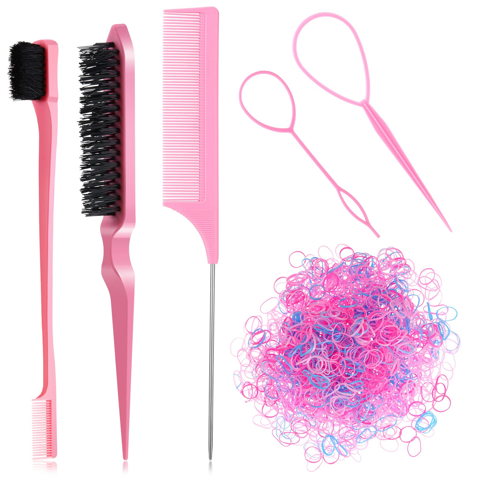 Hair Brush And Comb Set, Pin Rat Tail Comb And Edge Brush Double Sided Set With Rubber & Elastic Hair Bands &Hair Braiding Tools