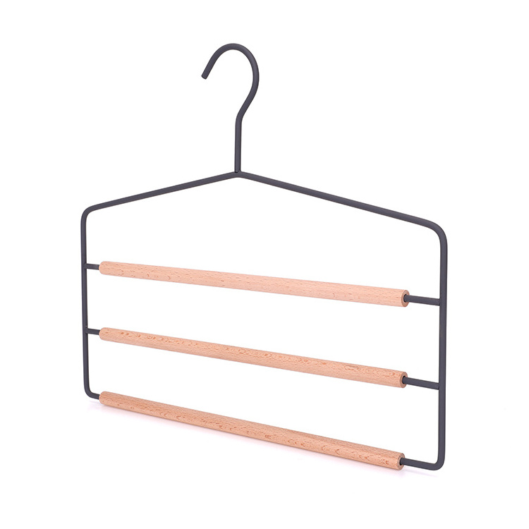 3-Layer Powder Coated Metal Wire Hanger with wooden bar Wholesale Metal and Wooden hanger for towel scarf pants clothes