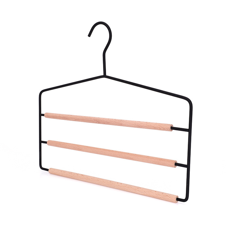 3-Layer Powder Coated Metal Wire Hanger with wooden bar Wholesale Metal and Wooden hanger for towel scarf pants clothes