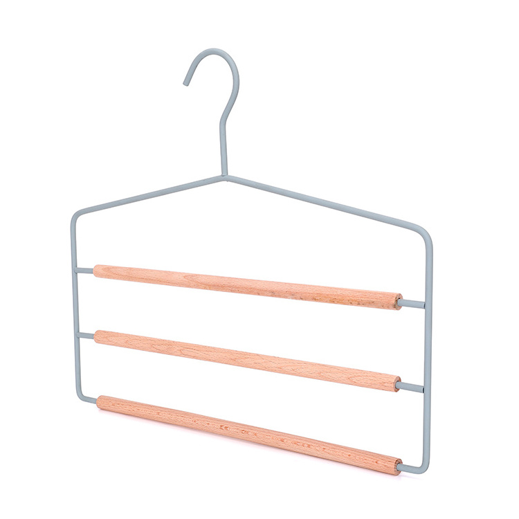 3-Layer Powder Coated Metal Wire Hanger with wooden bar Wholesale Metal and Wooden hanger for towel scarf pants clothes