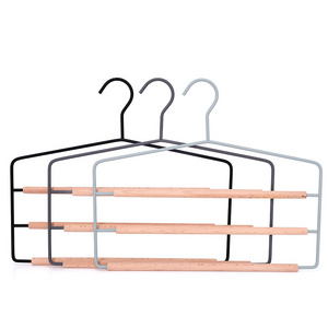 3-Layer Powder Coated Metal Wire Hanger with wooden bar Wholesale Metal and Wooden hanger for towel scarf pants clothes