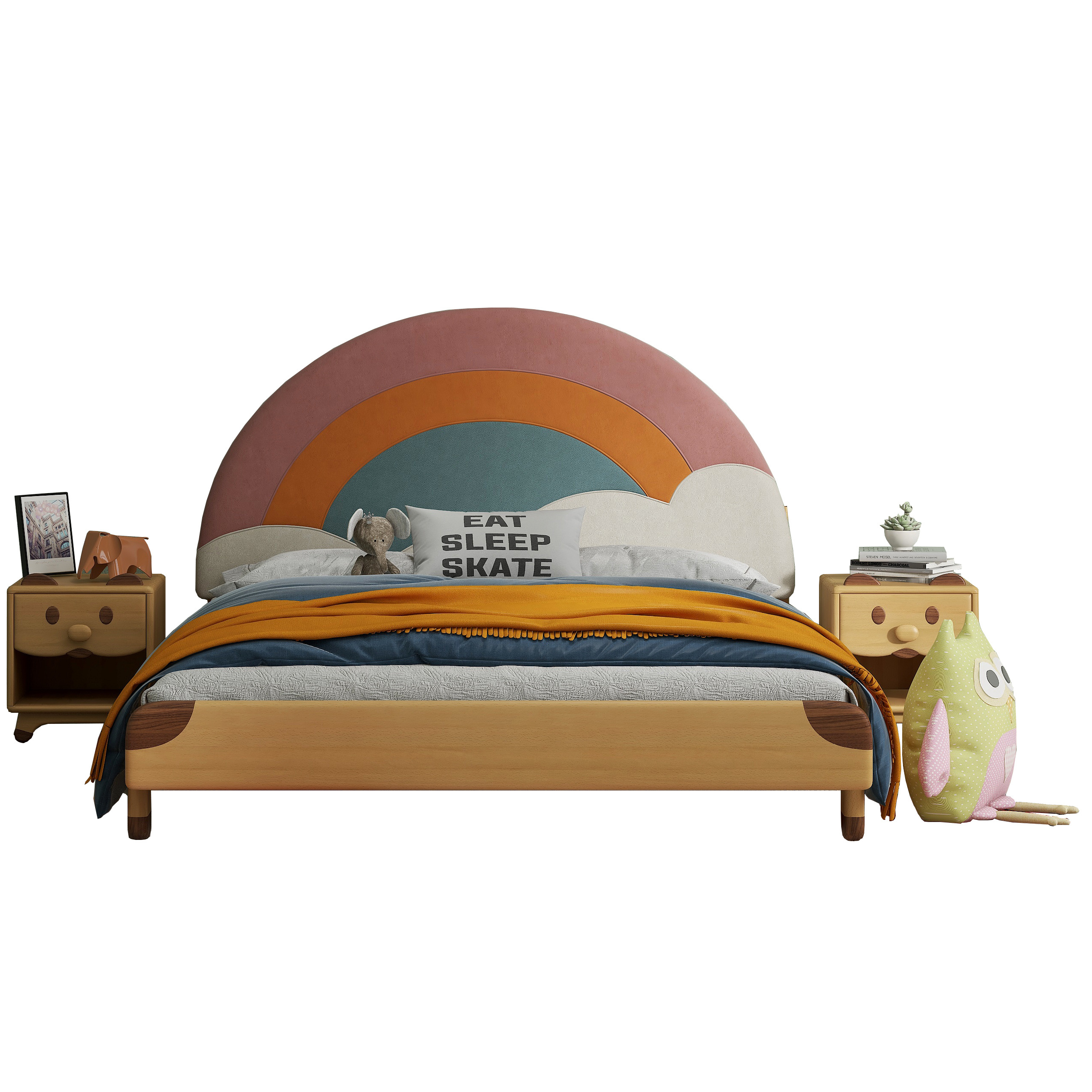 Children Upholstered Wooden Twin Bed kids Rainbow Cartoon Bed Children Bedroom Girl's Bed Platform OEM ODM