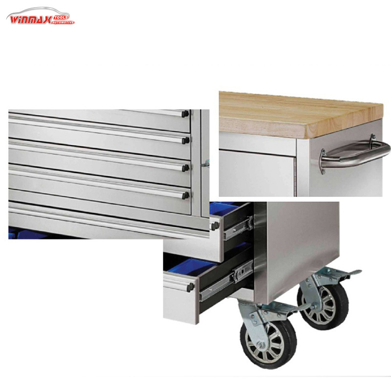 Winmax 48 inch heavy duty stainless steel tool chest roller cabinet box with wooden workbench