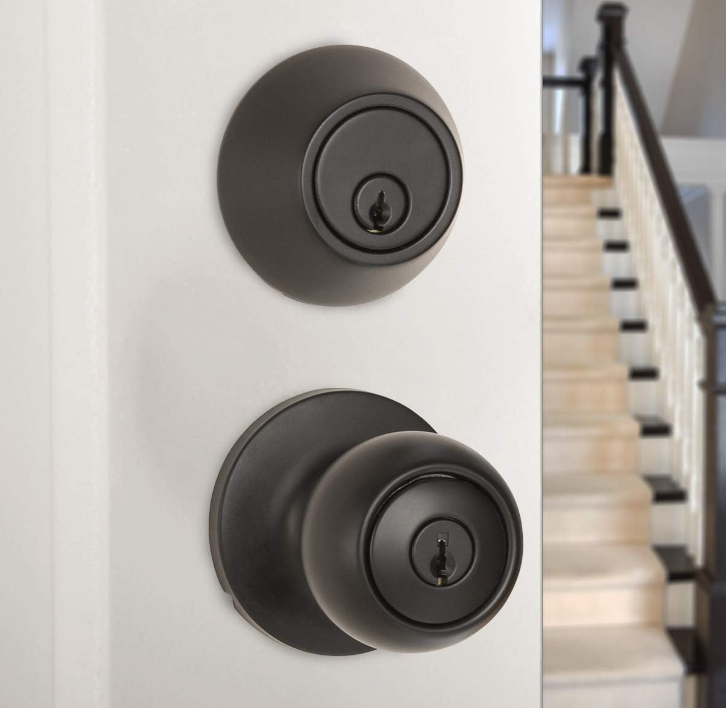 Exterior Door Knob With Key Lock and Deadbolt, Coastal, Matte Black