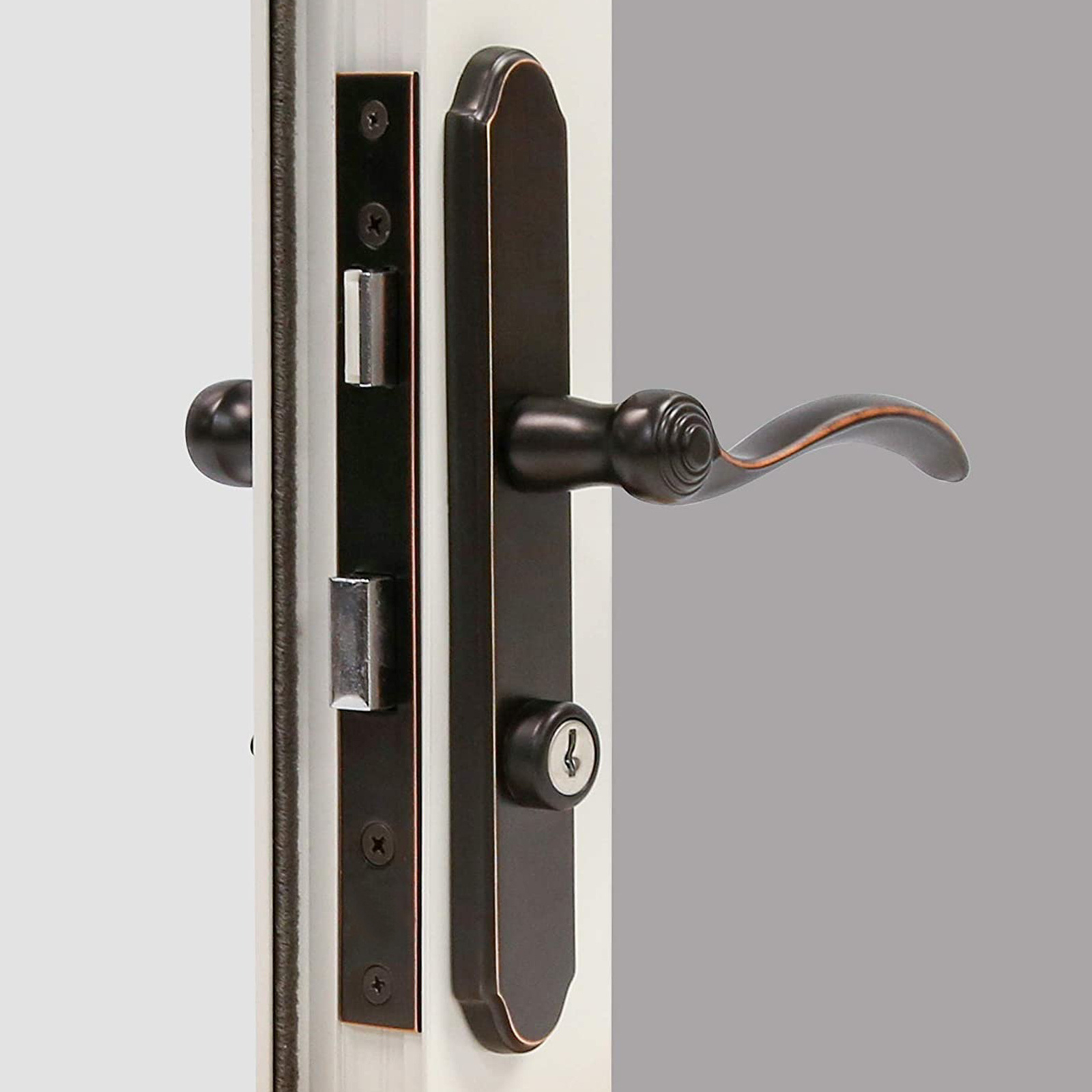 Storm Door Reversible Mortise Lock Latch with Keyed Lever Handles Set (Aged Bronze) Bored 5/8-in by 5-3/4-in Mortised Hole