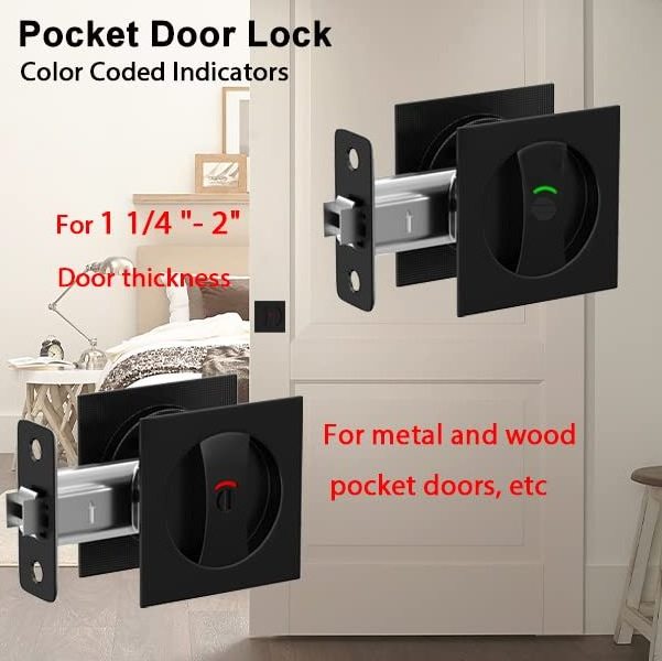 Round Pocket Door Lock with Color Coded Indicators, Privacy (Bed/Bath) Latch, Flush, Large Locking Lever, 2-3/8