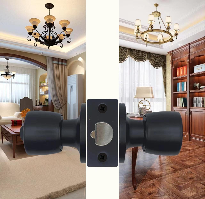 Door Knob with Lock and Keyed, Black Matte Round Ball Lock Interior/Exterior Door Knob for Bedroom Or Bathroom/Entry Door Handle