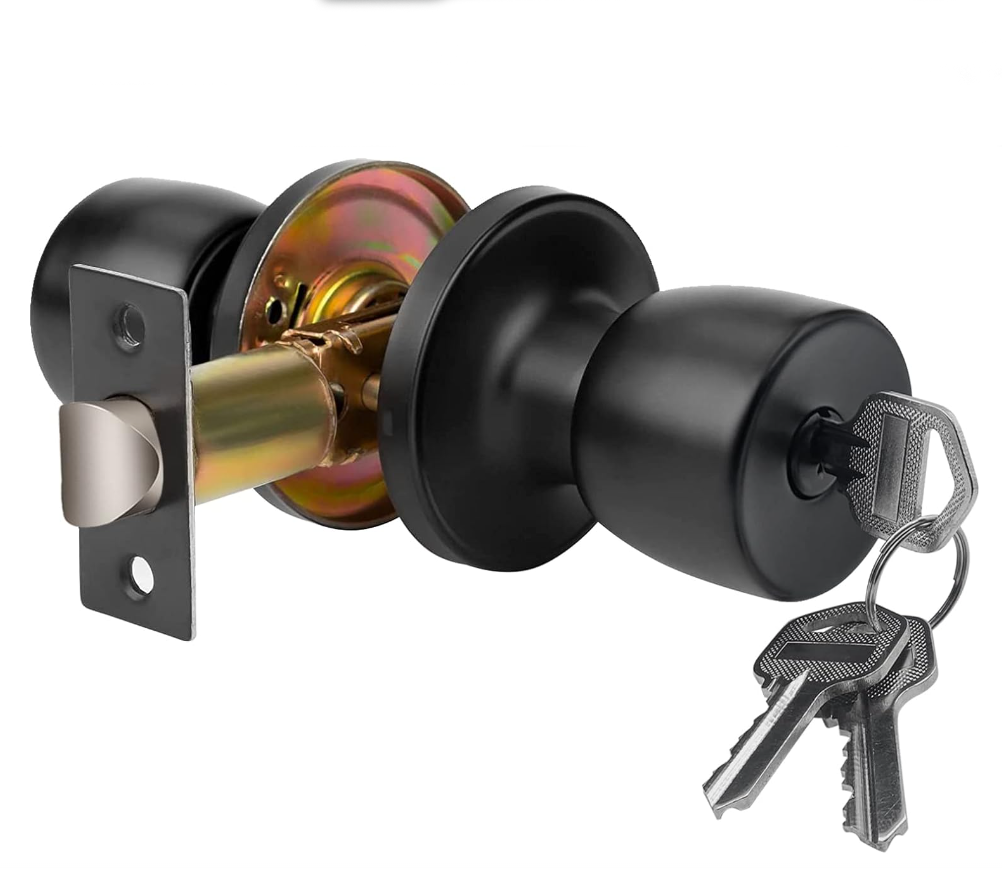 Door Knob with Lock and Keyed, Black Matte Round Ball Lock Interior/Exterior Door Knob for Bedroom Or Bathroom/Entry Door Handle