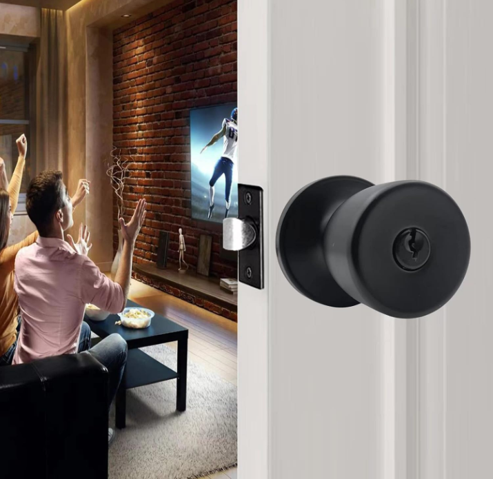 Door Knob with Lock and Keyed, Black Matte Round Ball Lock Interior/Exterior Door Knob for Bedroom Or Bathroom/Entry Door Handle