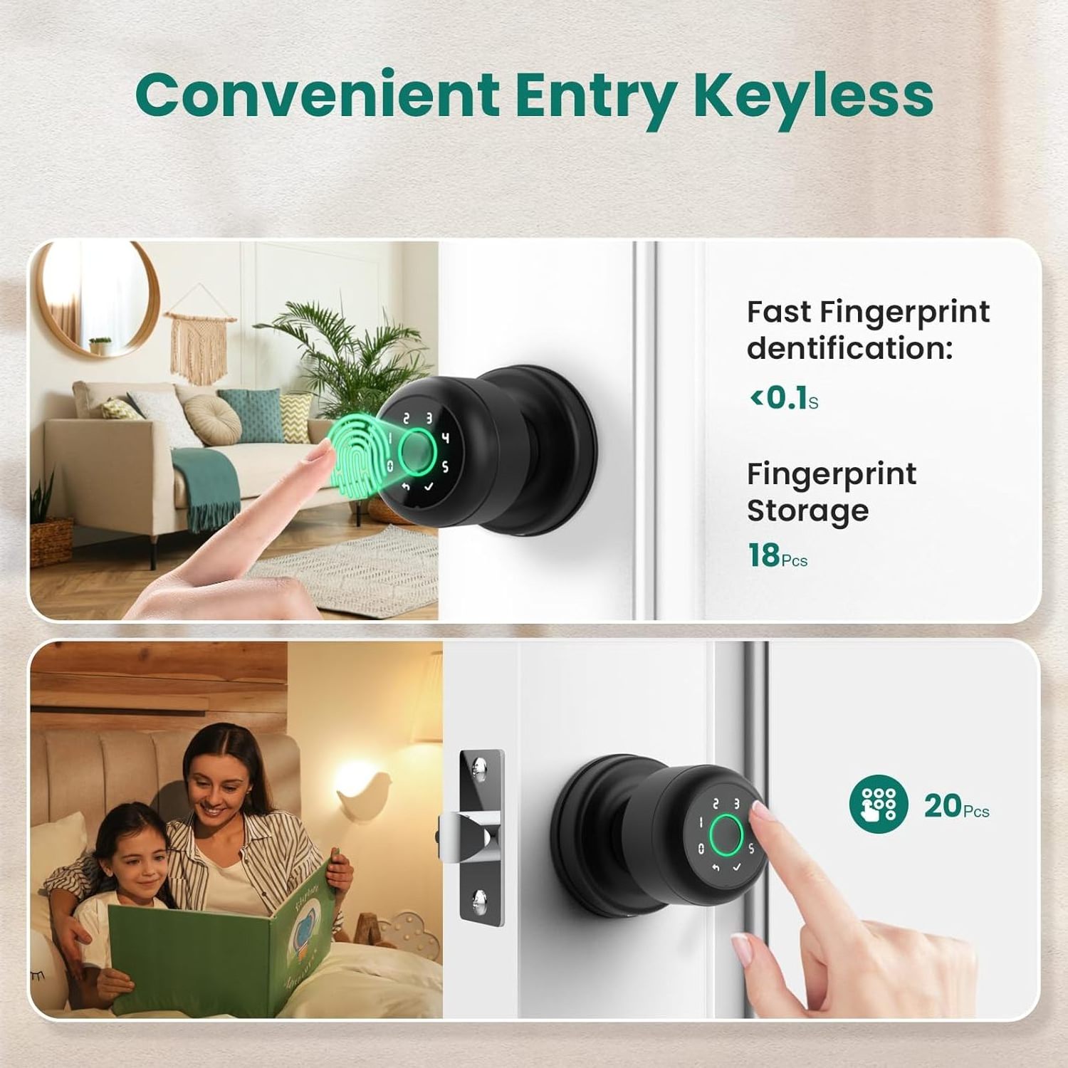 4 in 1 Smart Fingerprint Door Knob with Keypad Door Lock, Biometric Smart Door Knobs & App Control, Keyless Entry Door Lock