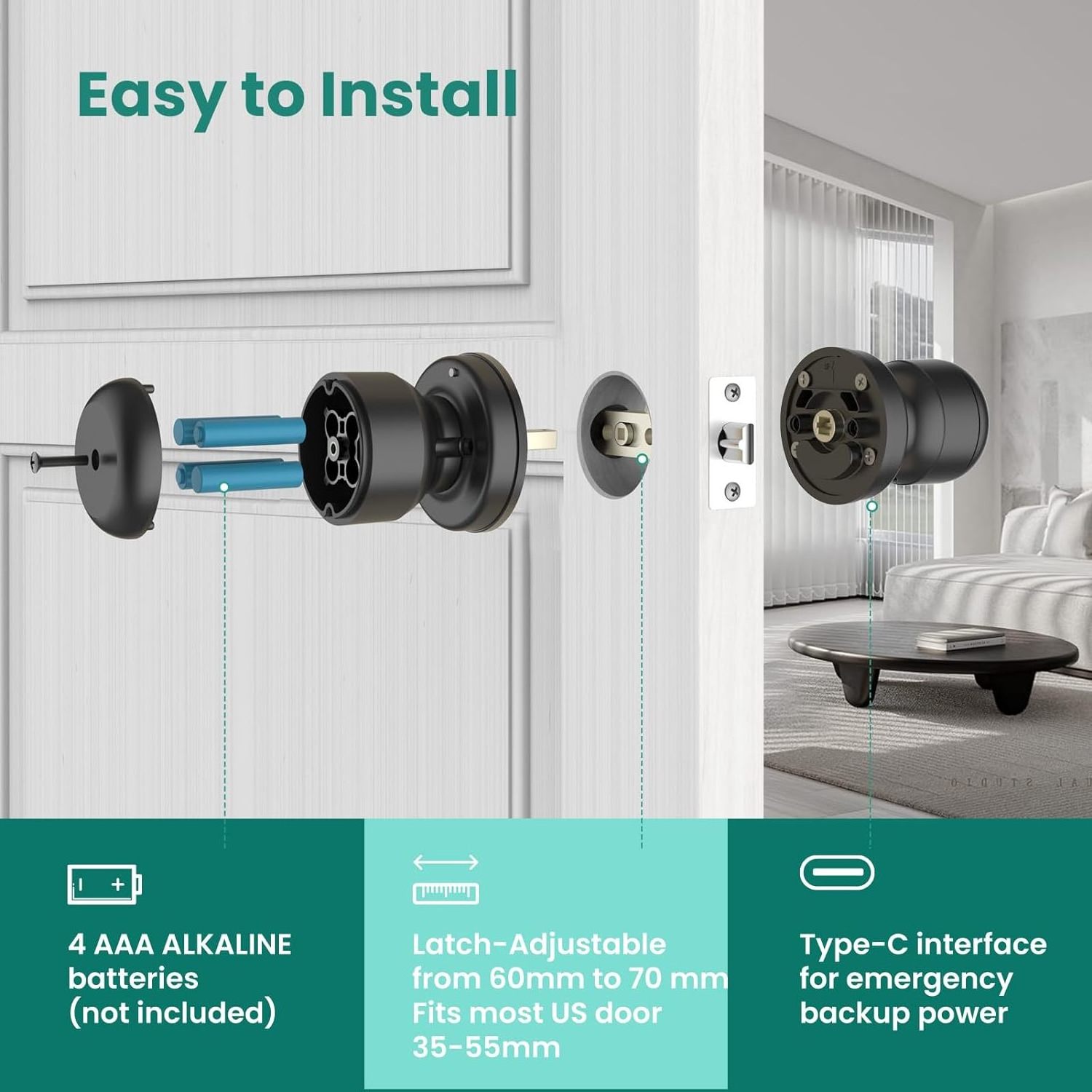 4 in 1 Smart Fingerprint Door Knob with Keypad Door Lock, Biometric Smart Door Knobs & App Control, Keyless Entry Door Lock