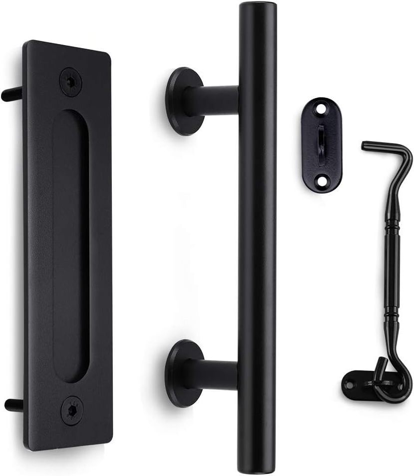 Black Barn Door Handle with Door Latch Set| Round Heavy Duty Solid Steel Gate Pull Handle | for Barn Door Gates Garages Sheds