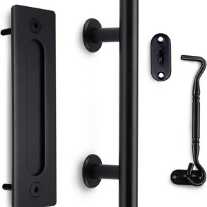 Black Barn Door Handle with Door Latch Set| Round Heavy Duty Solid Steel Gate Pull Handle | for Barn Door Gates Garages Sheds