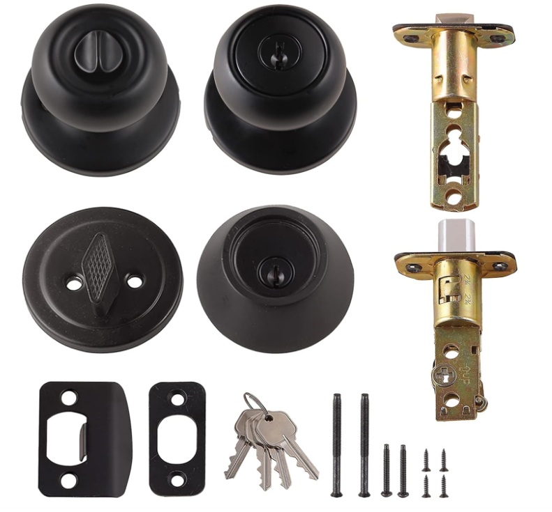 Exterior Door Knob With Key Lock and Deadbolt, Coastal, Matte Black